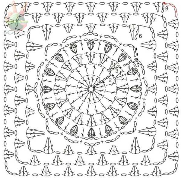 схема квадратного бабушкиного мотива крючком с хризантемой по центру